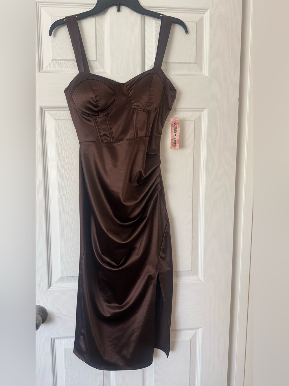 Brown Satin Slip Dress with Straps